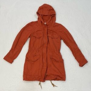 SOLD - Anorak Jacket Womens Large Utility Orange Hood Full Zip Button Linen